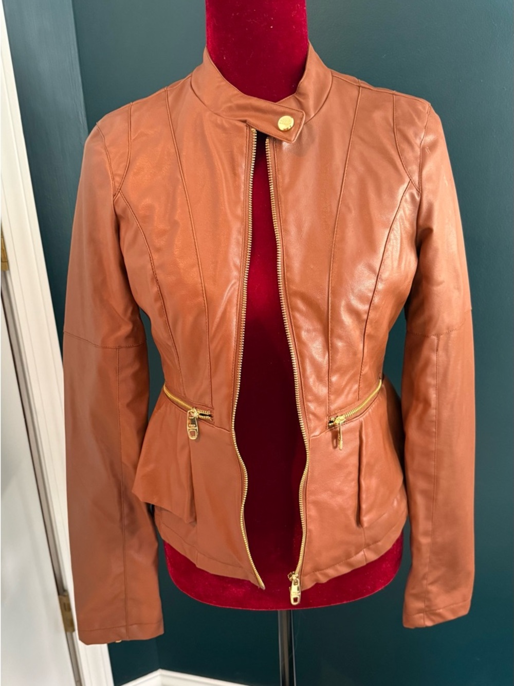 Steve Madden Cognac Faux Leather Bomber Jacket with Gold Hardware